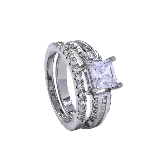 CZYR3723 - Premium brass cubic zirconia ring set with princess cut centre stone and studded band