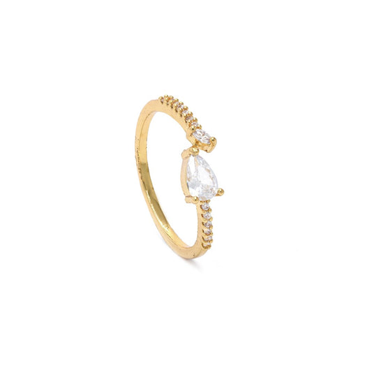 CZYR4135-G - Premium brass cubic Zirconia gold plated tear drop dainty free size ring