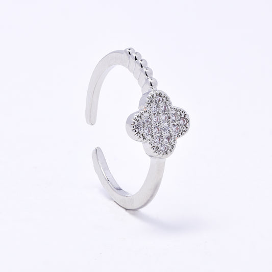 CZYR7497 - Premium brass CZ four-leaf clover free size ring