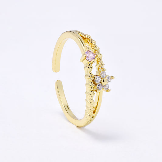 CZYR7498 - Premium brass  CZ flower & pink stone free size ring