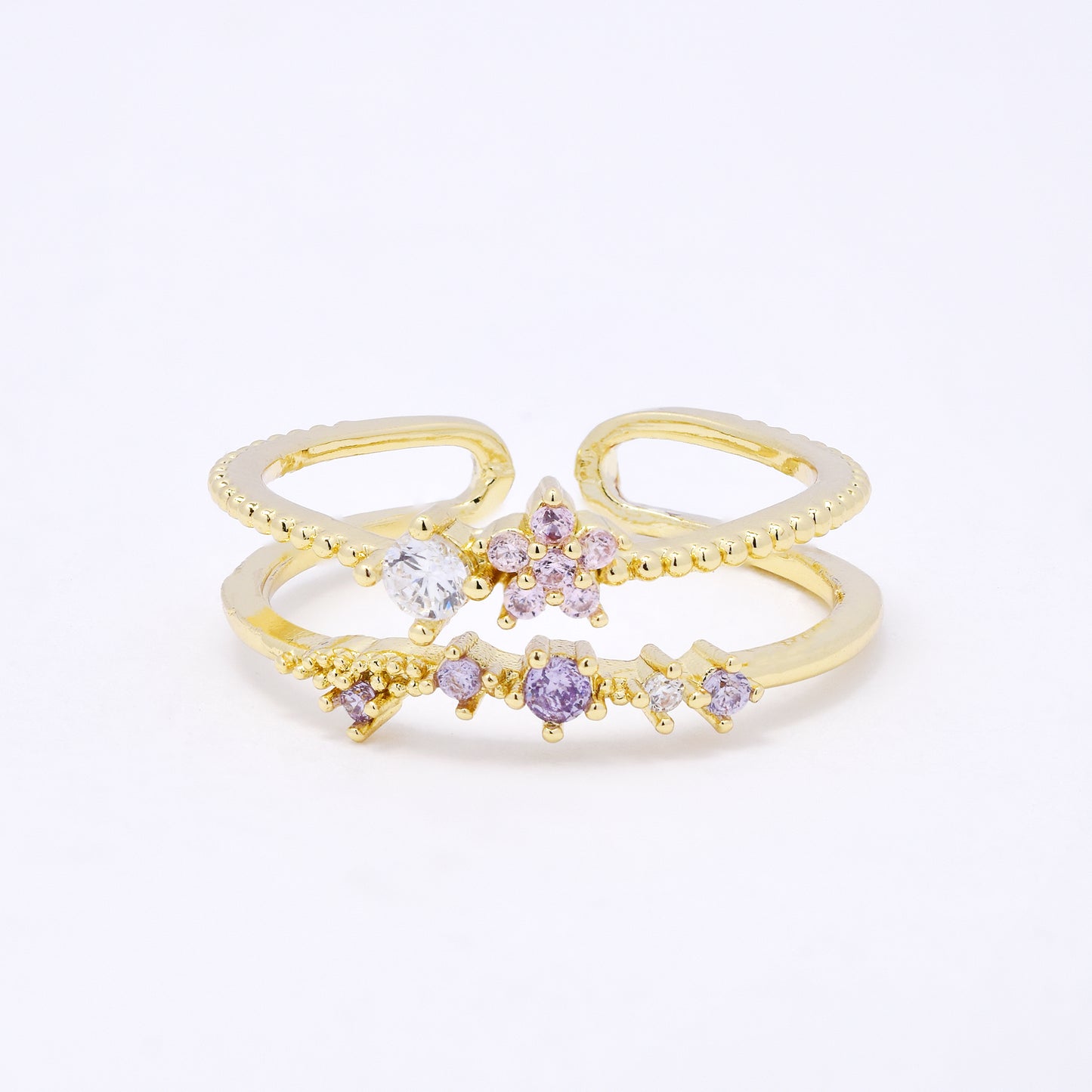 CZYR7499 - Premium brass  CZ flower & multi stone free size ring