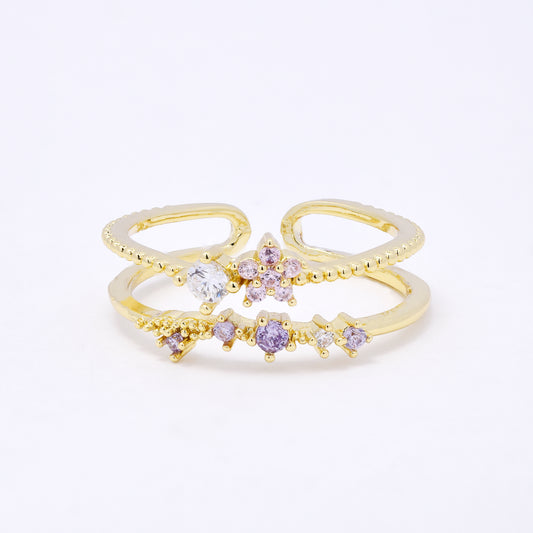 CZYR7499 - Premium brass  CZ flower & multi stone free size ring