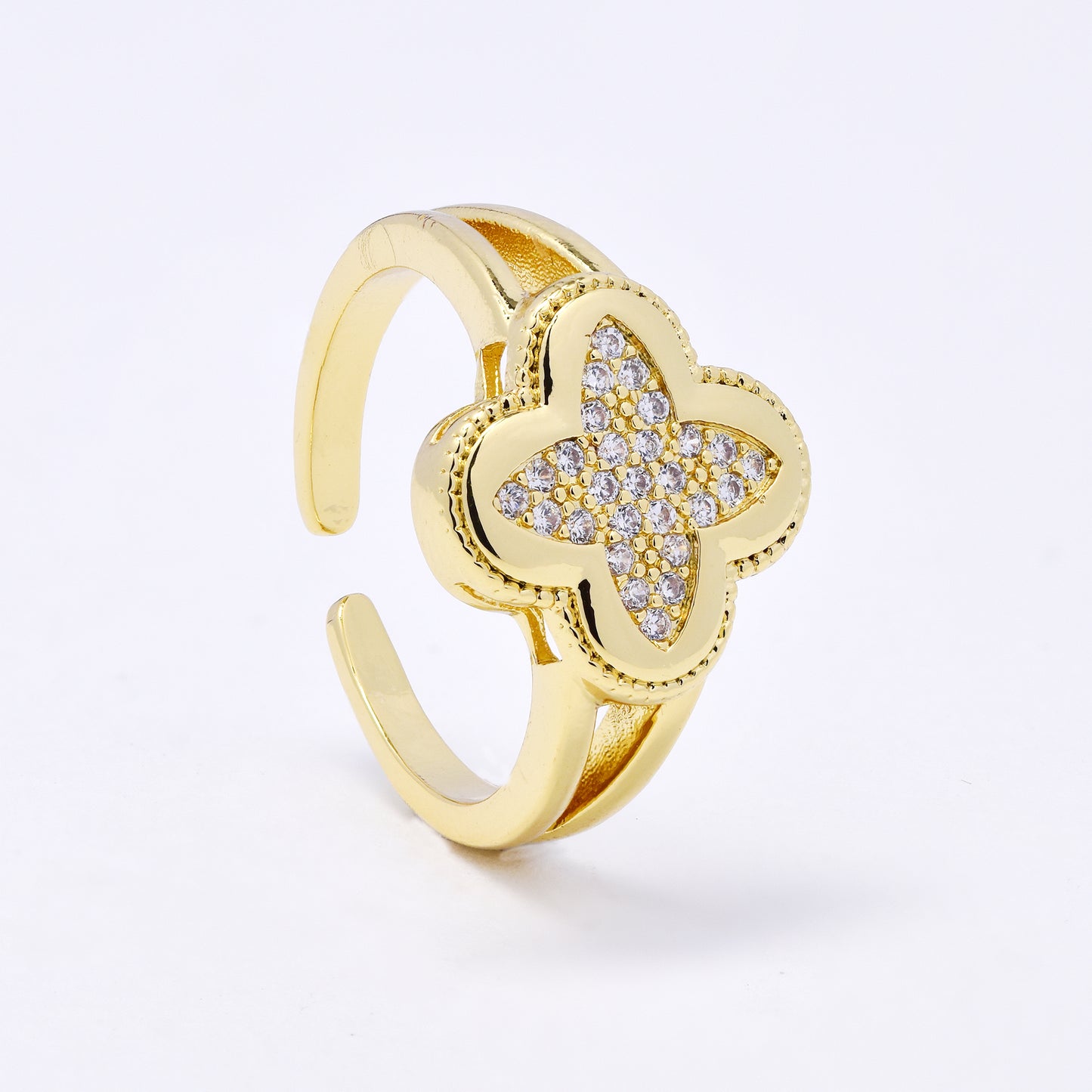 CZYR7502 - Premium brass  CZ four-leaf clover ring
