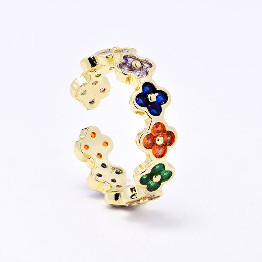 CZYR7504 - Premium brass  multi colour CZ flower ring