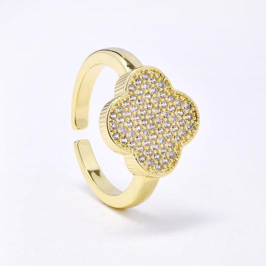 CZYR7505 - Premium brass cluster CZ four-leaf clover ring