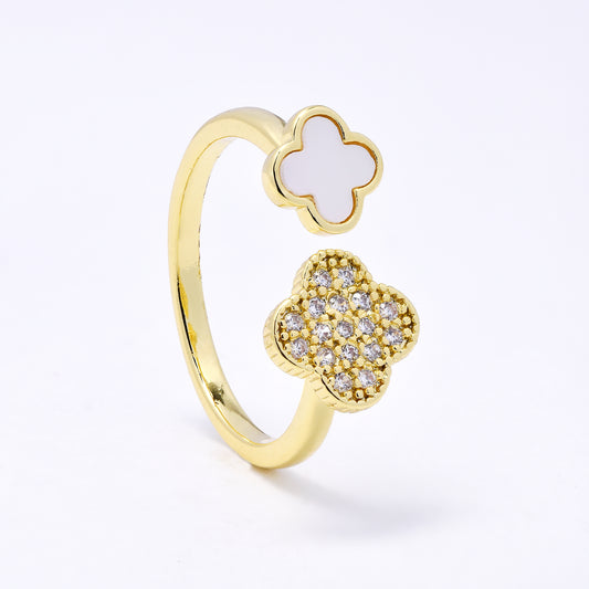 CZYR7506 - Premium brass  CZ & shell four-leaf clover ring