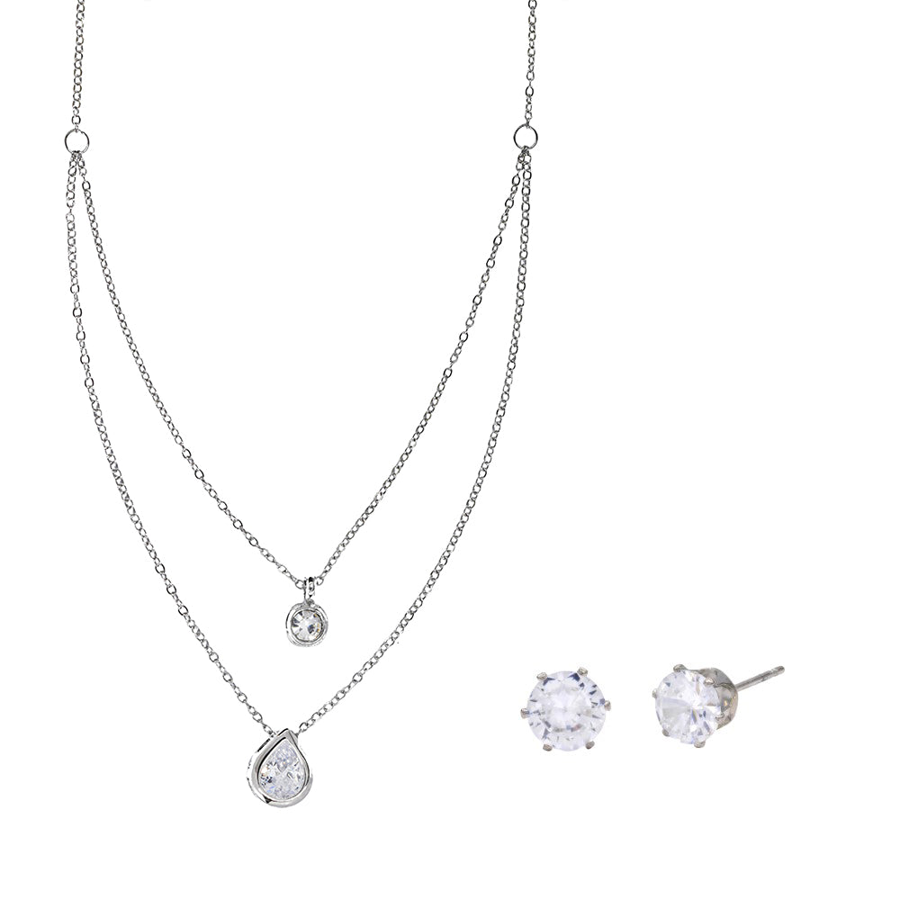 CZYST3796 - Brass silver cubic zirconia teardrop layered necklace with earrings set