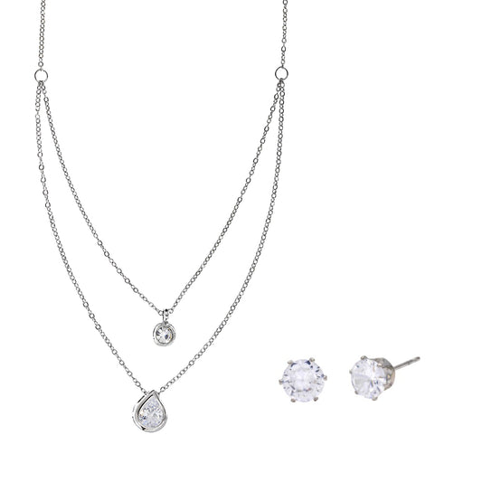 CZYST3796 - Premium brass fashion silver cubic zirconia teardrop layered necklace with earrings set