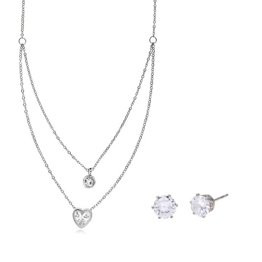 CZYST3797-S - Premium brass brass heart and cubic zirconia layered necklace & earrings set