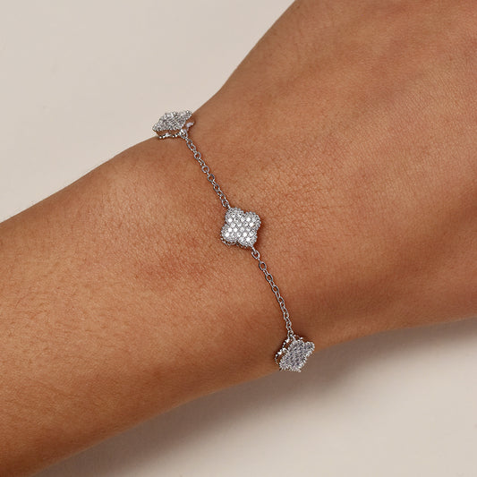 Premium silver plated cubic zirconia pave clover adjustable bracelet