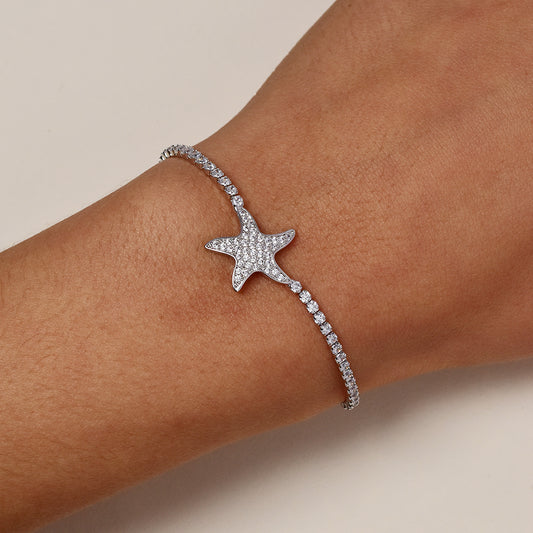 Premium silver plated cubic zirconia pave starfish slide adjustable bracelet