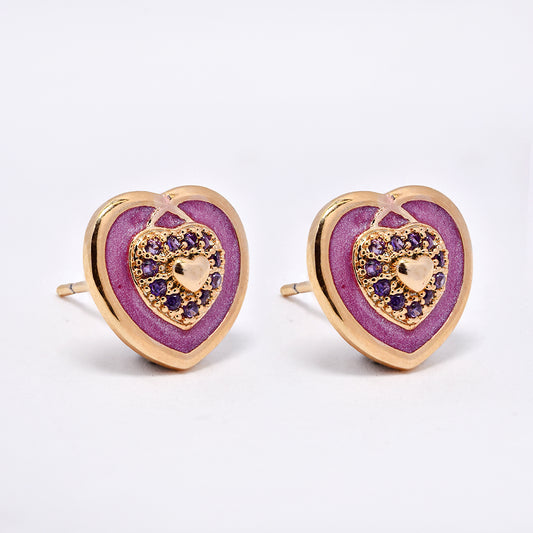 Premium heart earrings with pink enamel and purple CZ centre