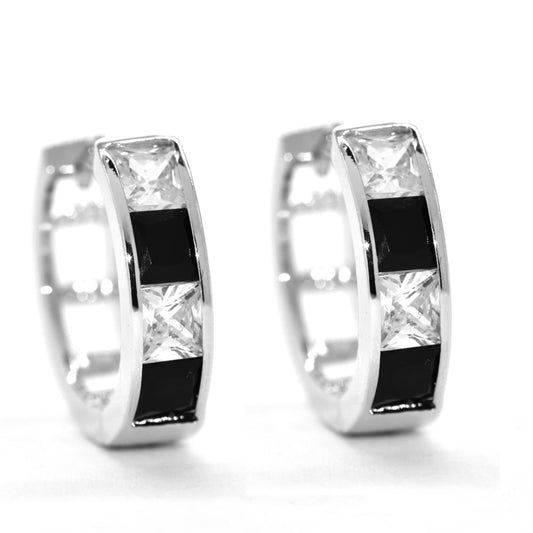 GFE5707 - Premium brass silver plated black and clear cubic zirconia 18mmx5mm huggie earrings