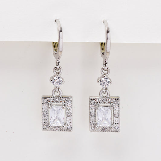 Premium brass silver plated cubic zirconia rectangle drop huggie earrings