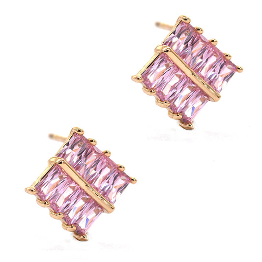 GFE6605 - Premium brass gold plated pink cubic zirconia baguette diamond shaped stud earrings