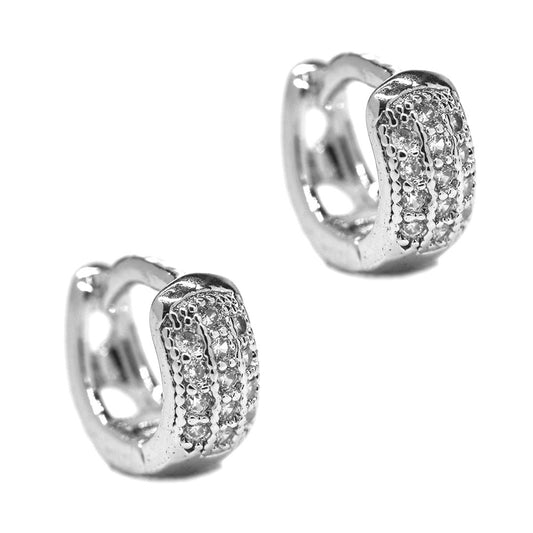 GFE7854 - Premium brass 3 row pave cubic zirconia heart huggie earrings
