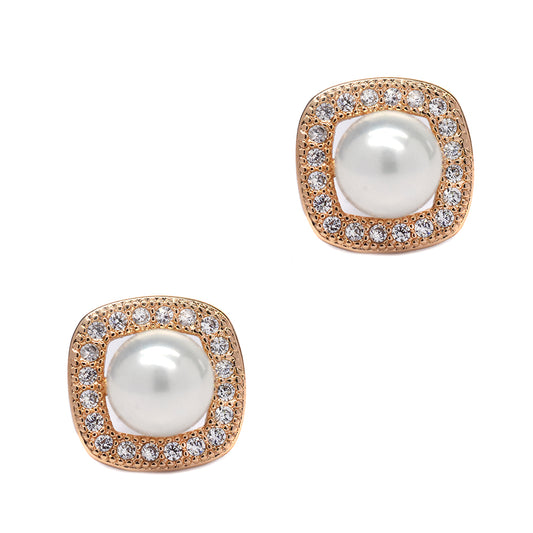 GFE7865 - Premium brass gold plated cubic zirconia and pearl round edge square stud earrings