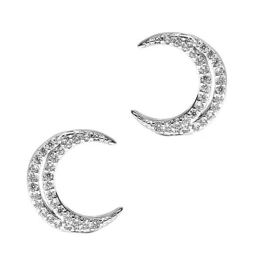 GFE7871 - Premium brass silver plated cubic zirconia crescent moon stud earrings