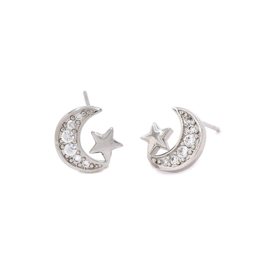 GFE890 - Premium brass cubic zirconia moon and star stud earrings
