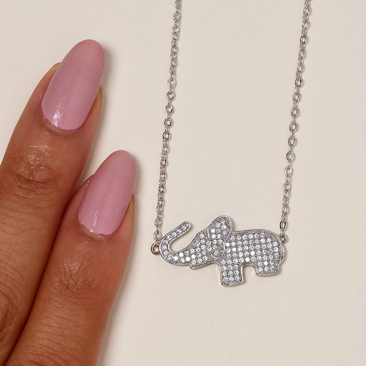 GFN3656 - Premium brass silver plated cubic zirconia pave elephant necklace