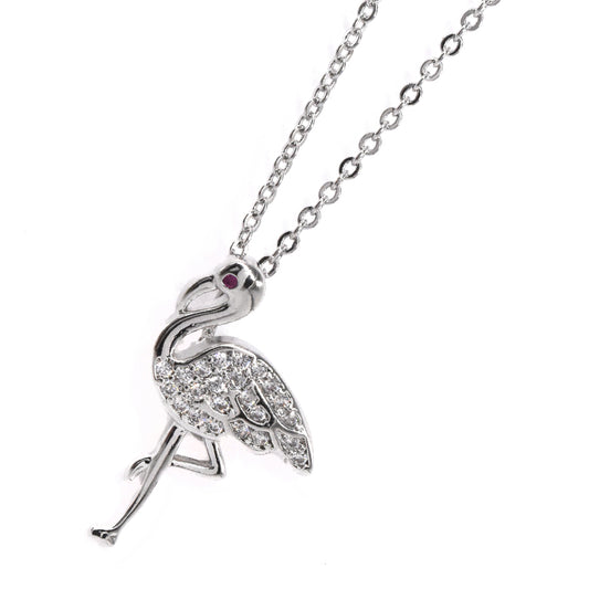 GFN6705 - Premium brass silver plated cubic zirconia flamingo necklace