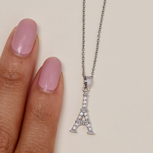 Premium silver plated cubic zirconia Eiffel Tower necklace