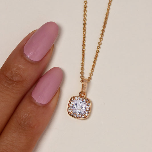Premium gold plated cubic zirconia squared halo necklace