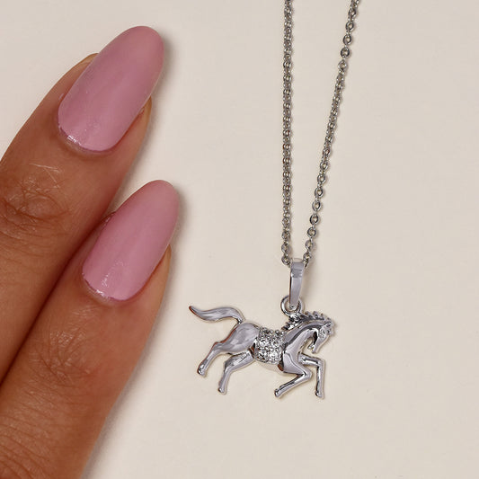 Premium horse with CZ saddle silver plated necklace