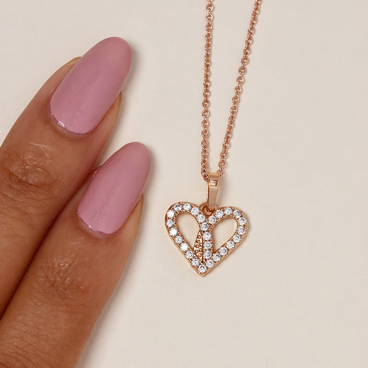 GFP9085 - Premium brass rose gold plated cubic zirconia pretzel heart necklace