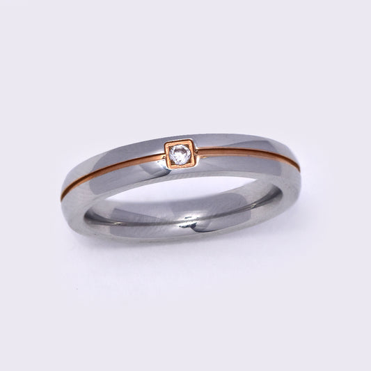 Stainless steel rose gold centre stripe band with cubic zirconia stone - HDSR983
