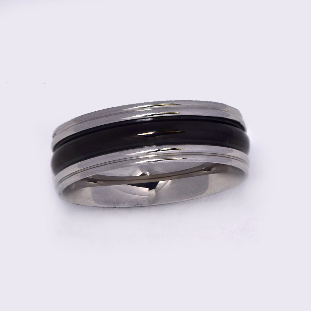 Stainless steel black centre double edge ring Size R - SSGR291