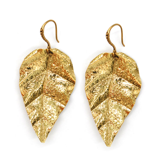 Brass gold plated large leaf drop earring