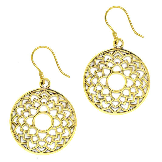 Brass gold round cutout open lotus flower pattern drop earring - IFE185