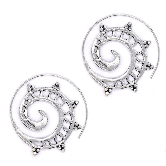 Brass rhodium cutout pattern with stipple coil earring