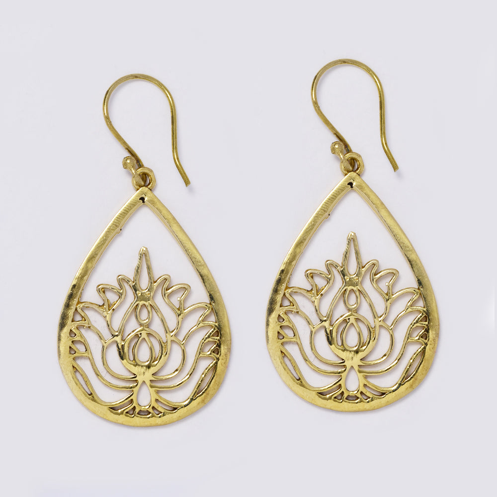 Brass teardrop shape earrings with lotus flower design