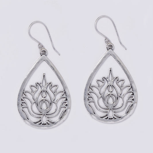 Brass teardrop shape earrings with lotus flower design