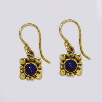 Brass hook drop earrings with round gemstone on geometric design