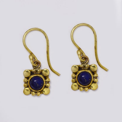 Brass hook drop earrings with round gemstone on geometric design - IFE718