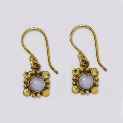 Brass hook drop earrings with round gemstone on geometric design