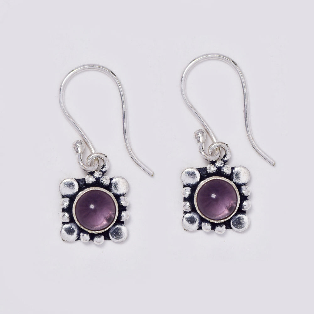 Brass hook drop earrings with round gemstone on geometric design - IFE718