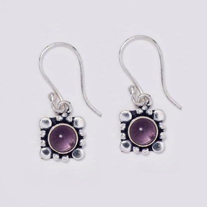Brass hook drop earrings with round gemstone on geometric design - IFE718