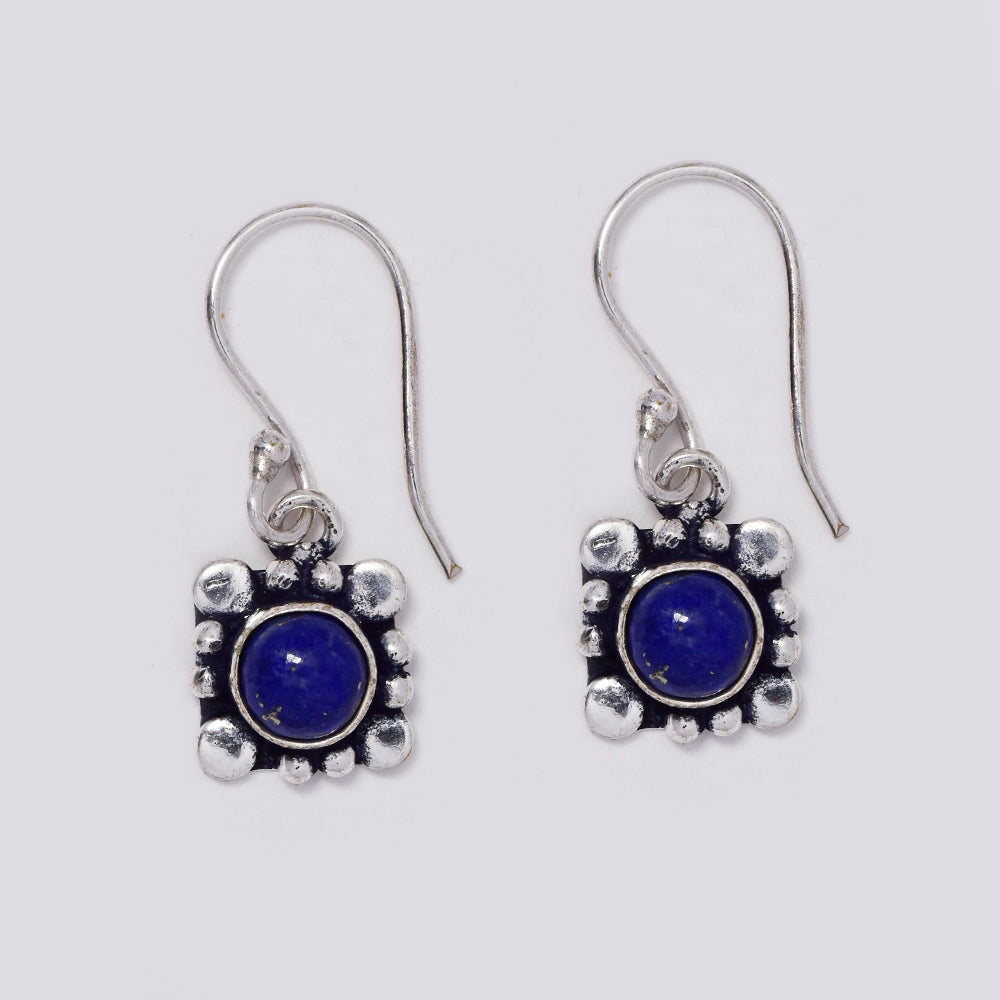 Brass hook drop earrings with round gemstone on geometric design - IFE718