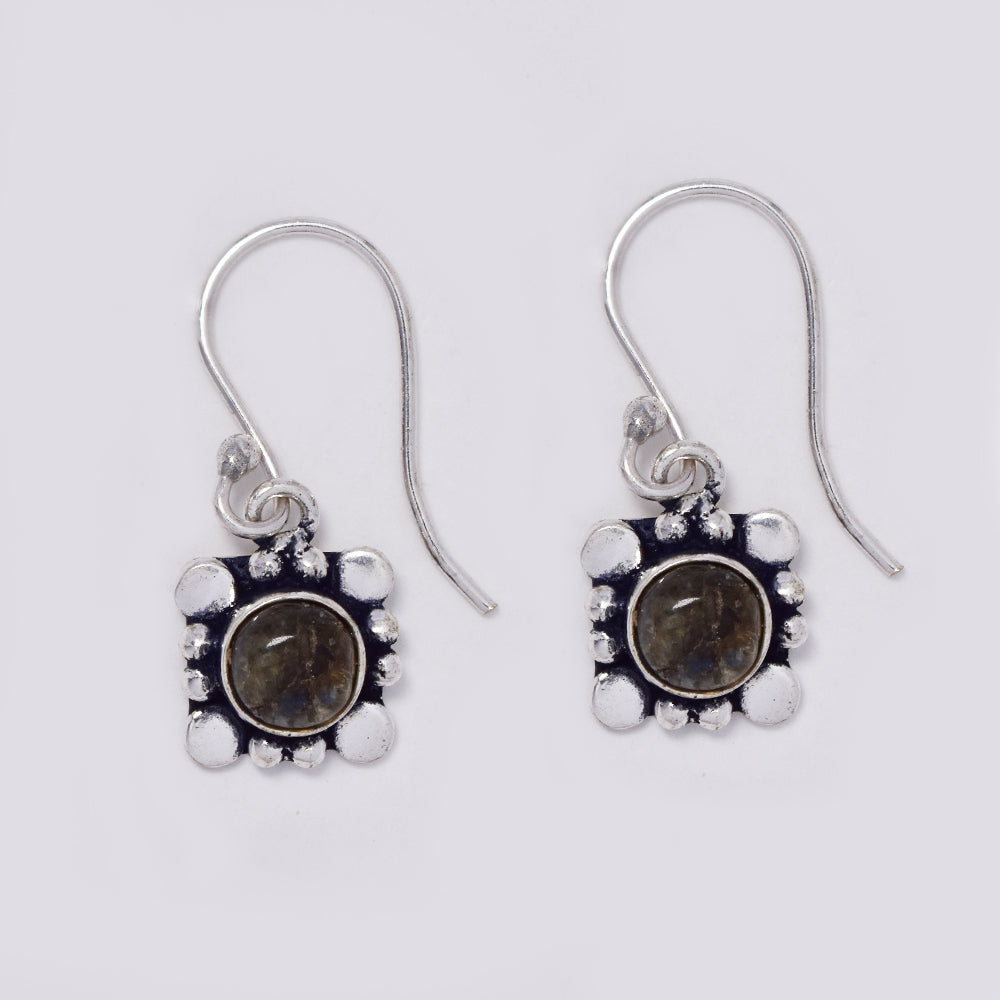 Brass hook drop earrings with round gemstone on geometric design - IFE718