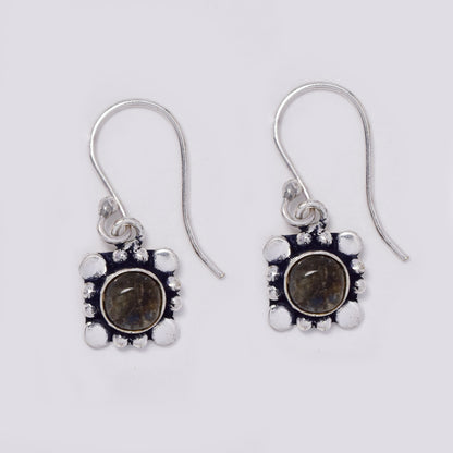 Brass hook drop earrings with round gemstone on geometric design