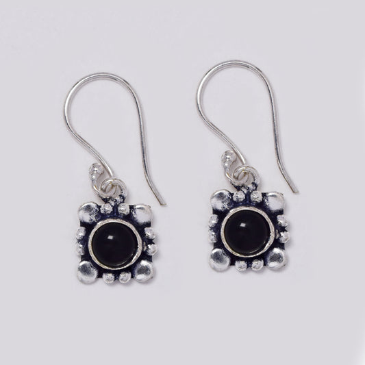 Brass hook drop earrings with round gemstone on geometric design - IFE718