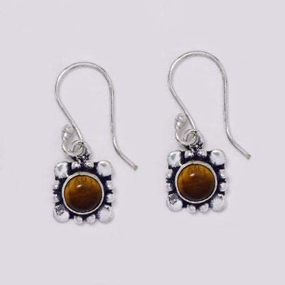 Brass hook drop earrings with round gemstone on geometric design
