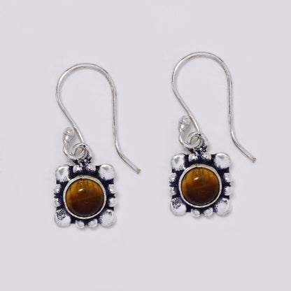 Brass hook drop earrings with round gemstone on geometric design - IFE718