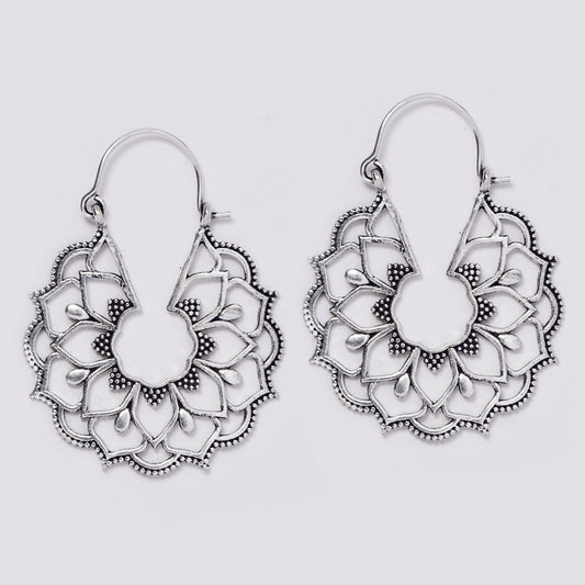 Brass lotus flower inspired flat basket design brass hoop earrings