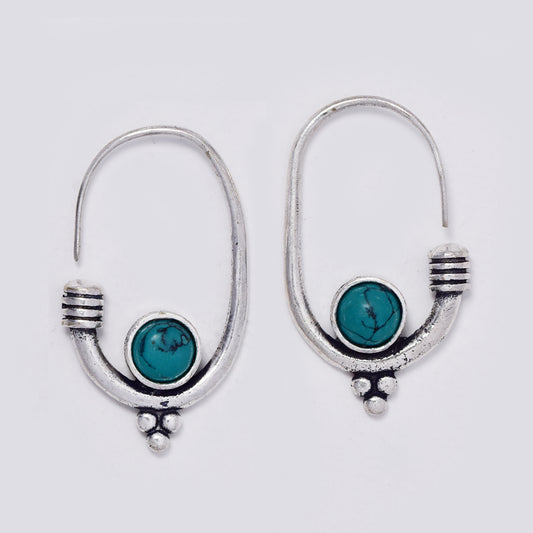 Brass large C shaped brass earrings with tube set turquoise stones