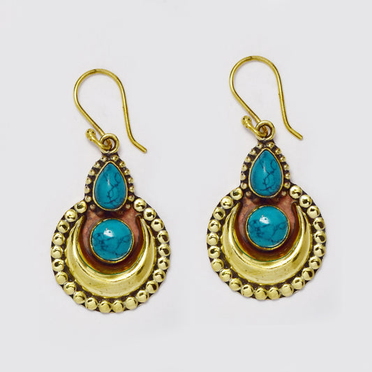 Brass teardrop and crescent turquoise stone drop earrings